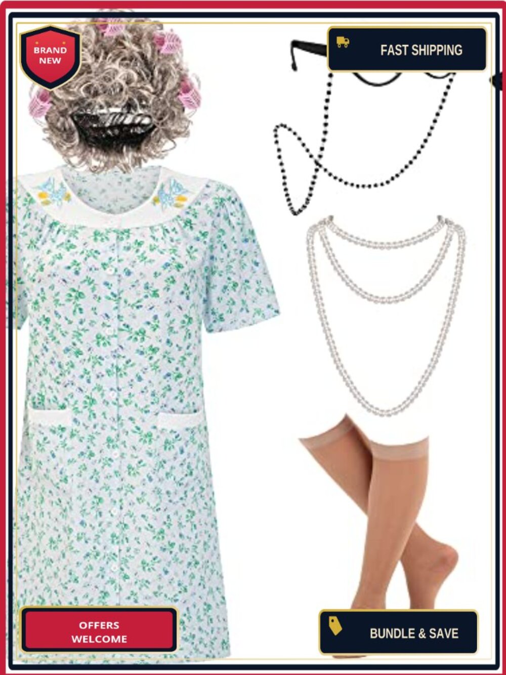 Old Lady Costume Kit Nightgown Wig Cane Glasses Necklace Socks Grandma